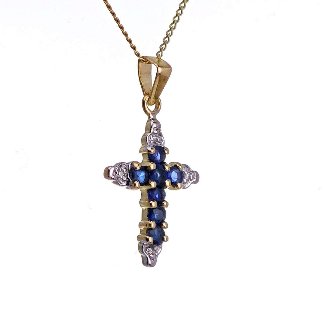 9ct Sapphire Diamond Cross Necklace SMALL Yellow Gold 0.31ct Blue Round Natural Gemstone