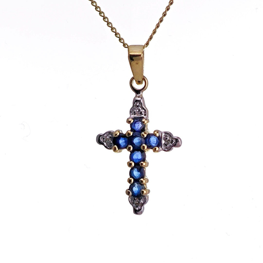 9ct Sapphire Diamond Cross Necklace SMALL Yellow Gold 0.31ct Blue Round Natural Gemstone