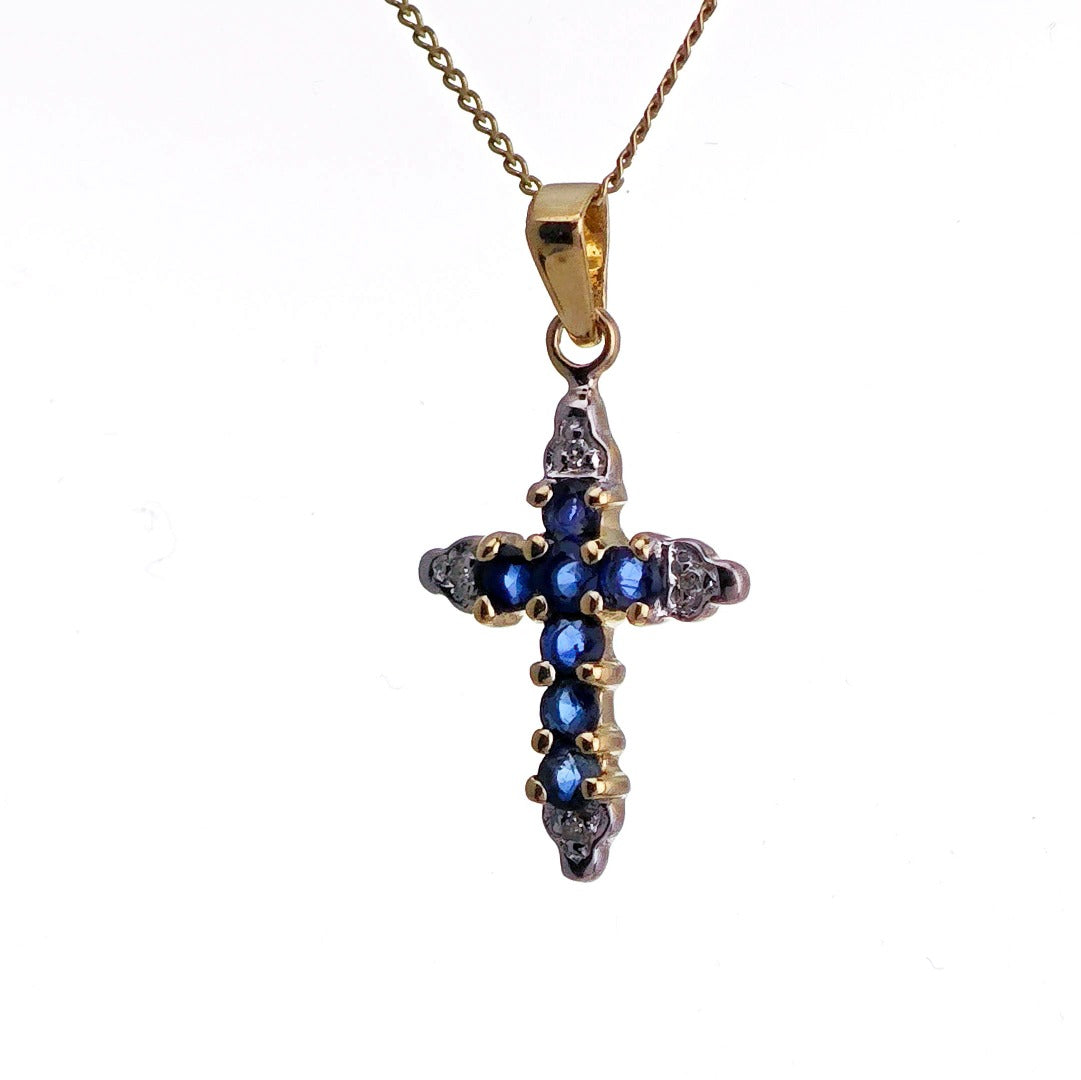 9ct Sapphire Diamond Cross Necklace SMALL Yellow Gold 0.31ct Blue Round Natural Gemstone