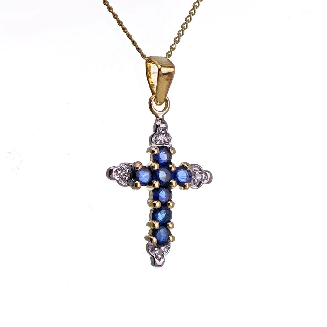 9ct Sapphire Diamond Cross Necklace SMALL Yellow Gold 0.31ct Blue Round Natural Gemstone