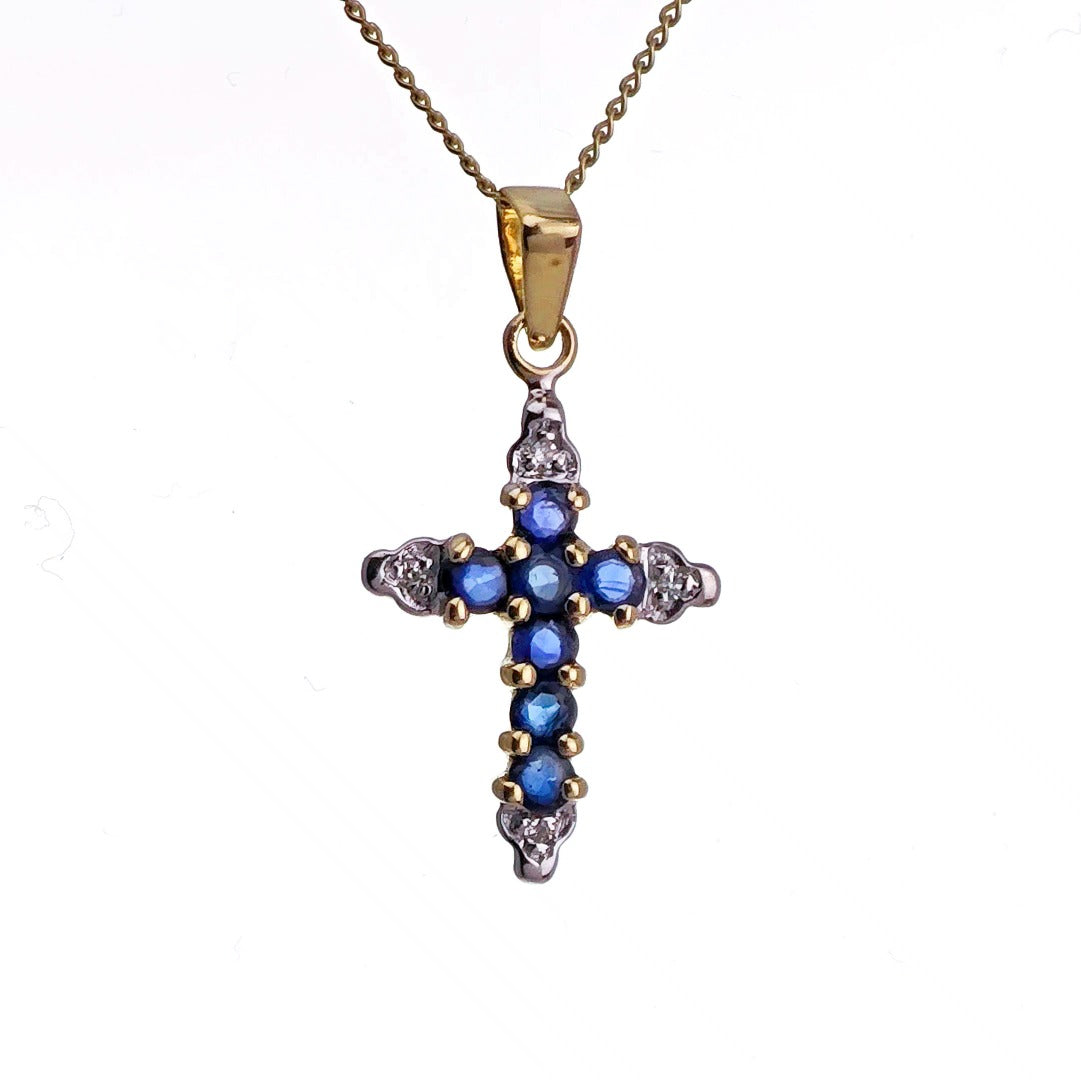 9ct Sapphire Diamond Cross Necklace SMALL Yellow Gold 0.31ct Blue Round Natural Gemstone