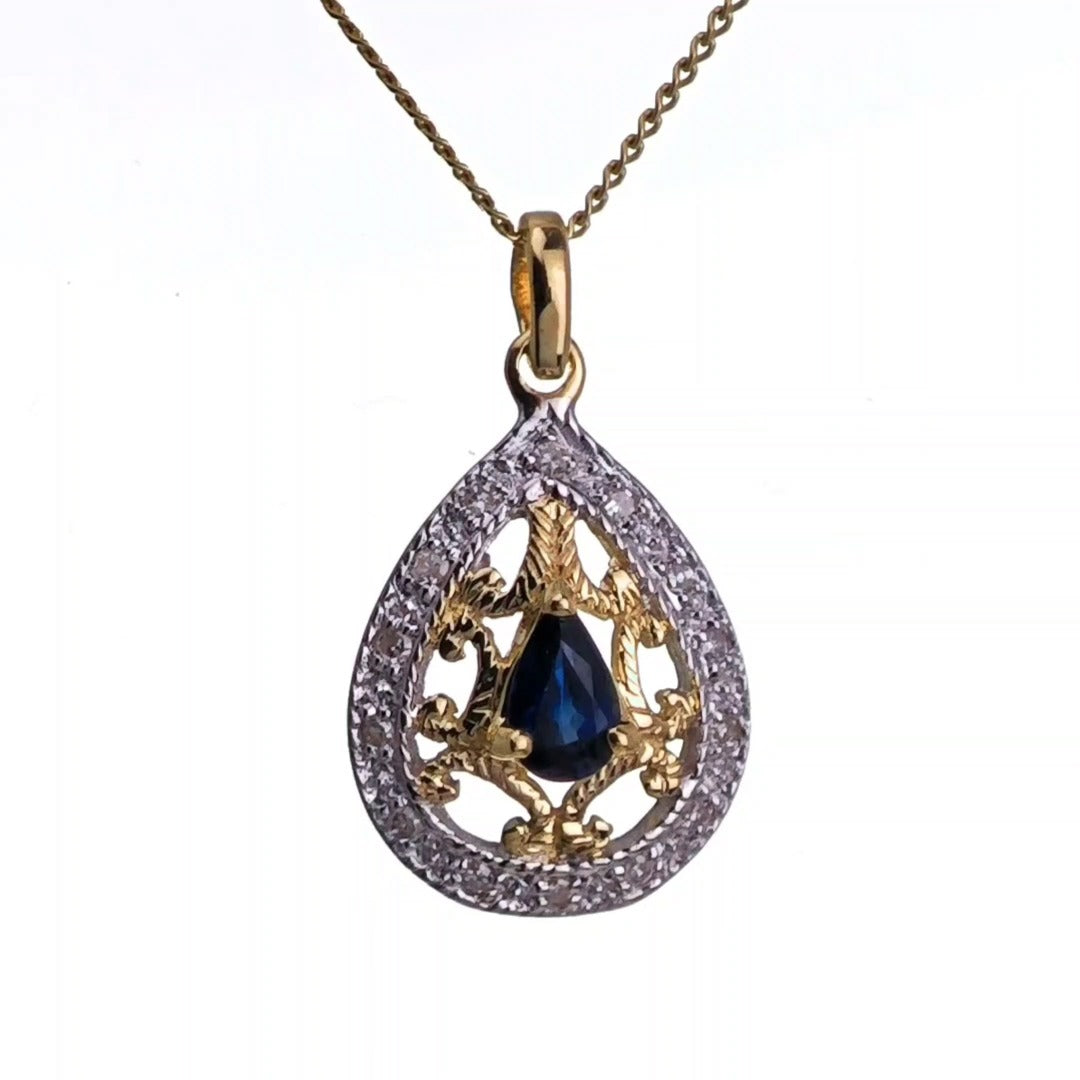 9ct Sapphire Necklace Yellow Gold 0.24ct Blue Pear Natural Gemstone