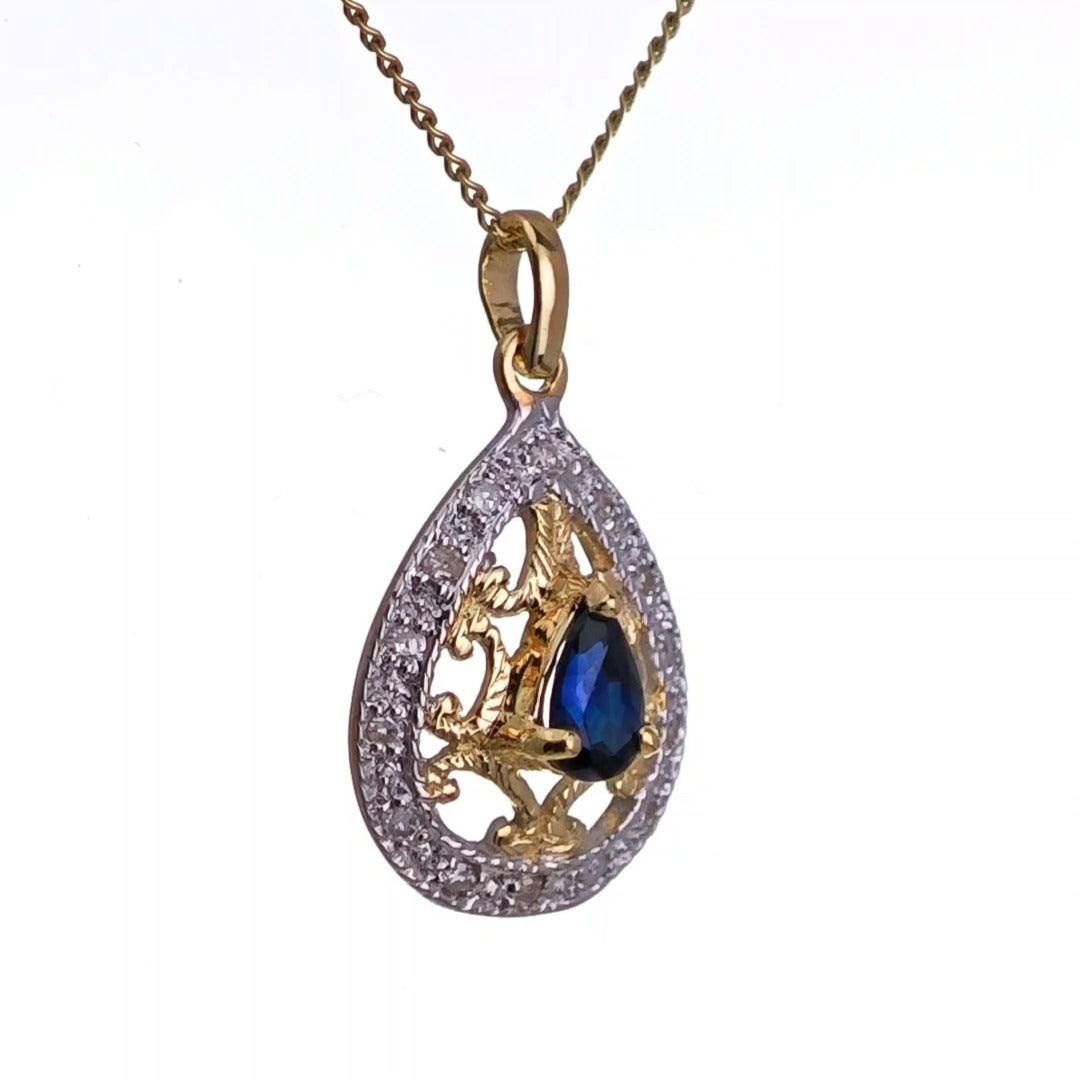 9ct Sapphire Necklace Yellow Gold 0.24ct Blue Pear Natural Gemstone