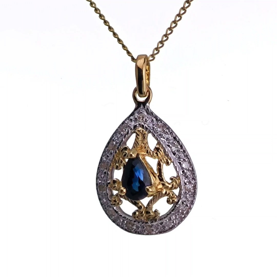 9ct Sapphire Necklace Yellow Gold 0.24ct Blue Pear Natural Gemstone