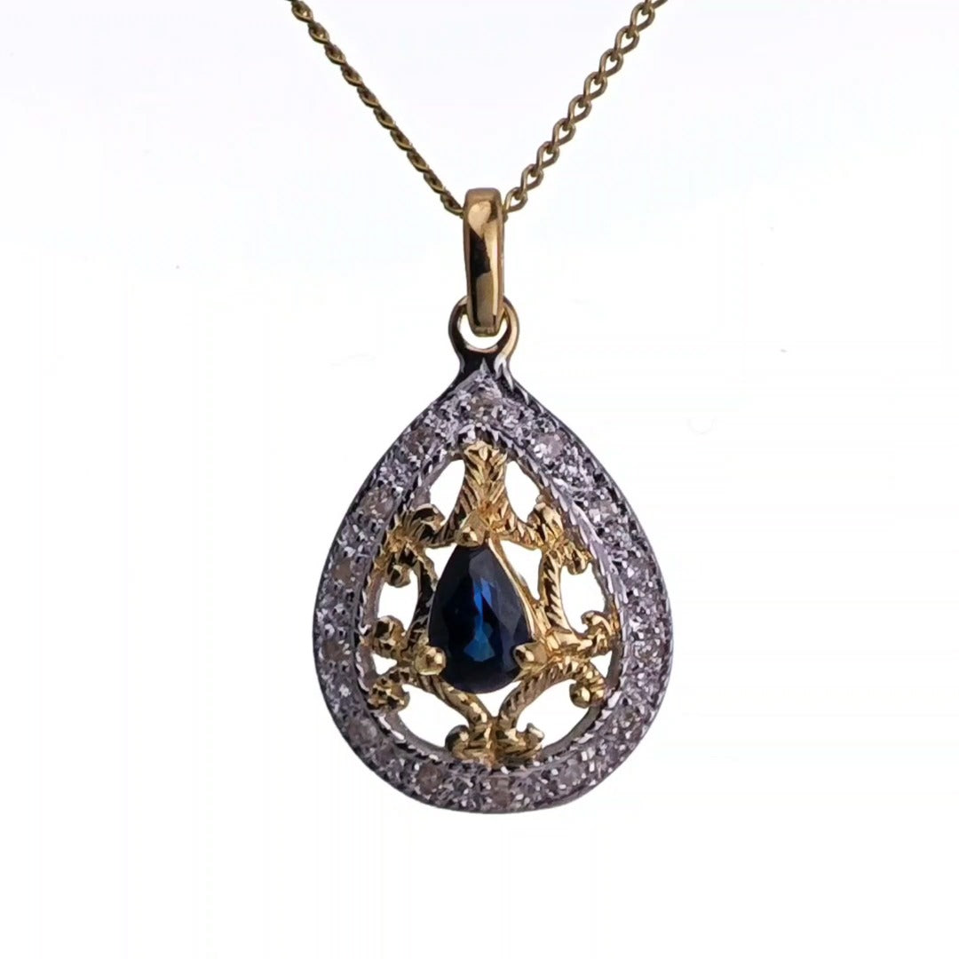 9ct Sapphire Necklace Yellow Gold 0.24ct Blue Pear Natural Gemstone