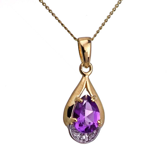 9ct Amethyst Necklace Yellow Gold 0.68ct Purple Pear Natural Gemstone