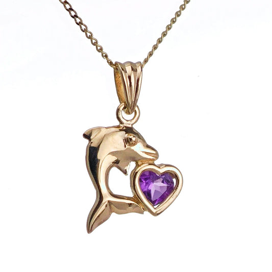 9ct Amethyst Dolphin Necklace Yellow Gold Heart 0.19ct Purple Heart Natural Gemstone