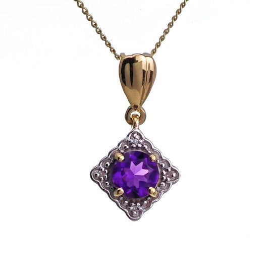 9ct Amethyst Necklace Yellow Gold 0.6ct Purple Round Natural Gemstone