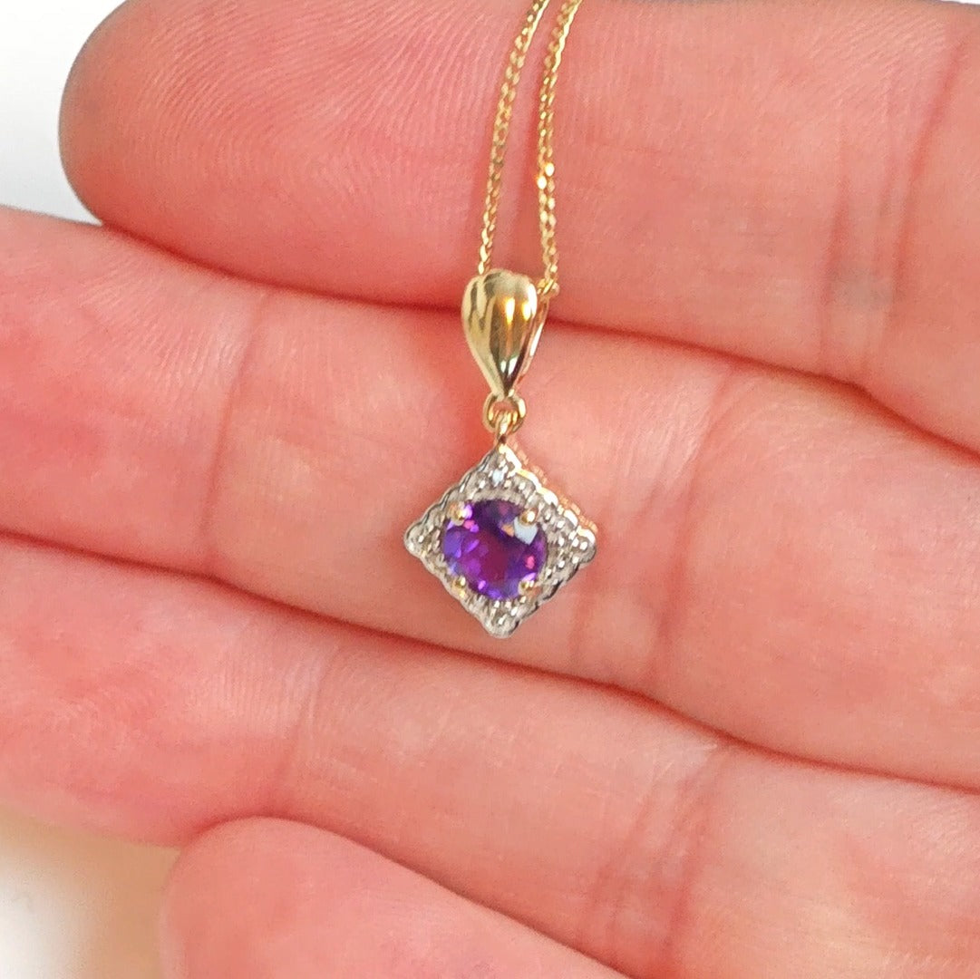 9ct Amethyst Necklace Yellow Gold 0.6ct Purple Round Natural Gemstone