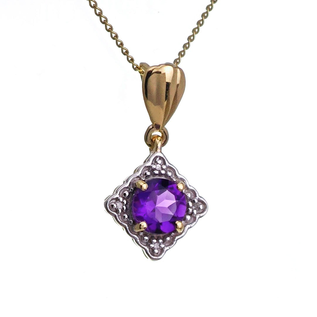 9ct Amethyst Necklace Yellow Gold 0.6ct Purple Round Natural Gemstone