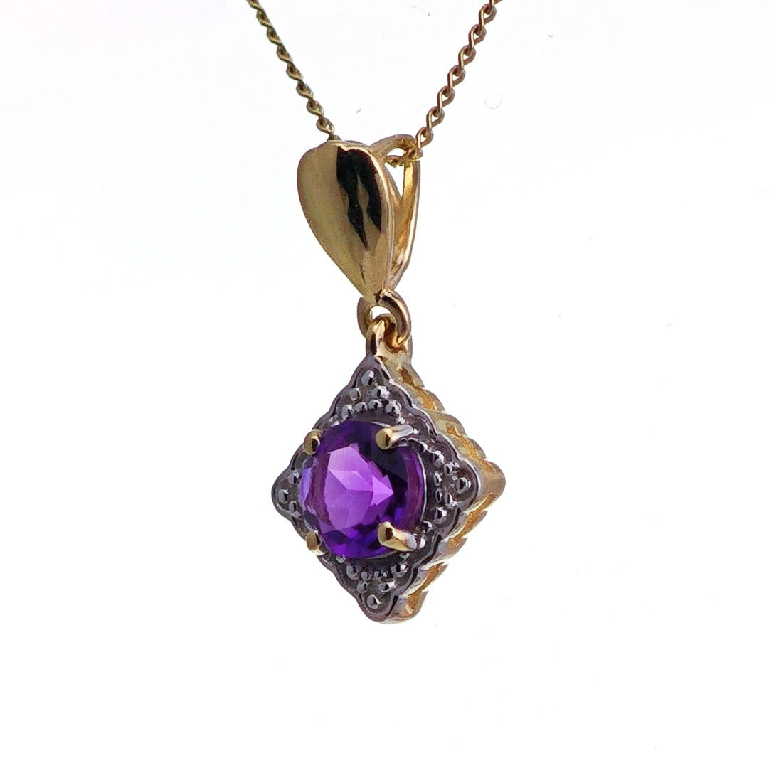 9ct Amethyst Necklace Yellow Gold 0.6ct Purple Round Natural Gemstone