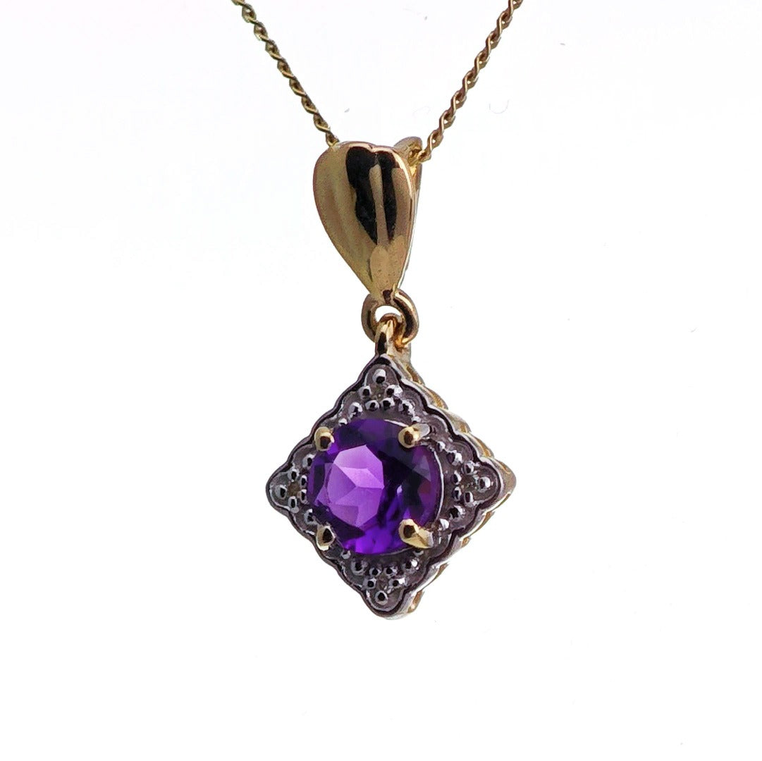 9ct Amethyst Necklace Yellow Gold 0.6ct Purple Round Natural Gemstone