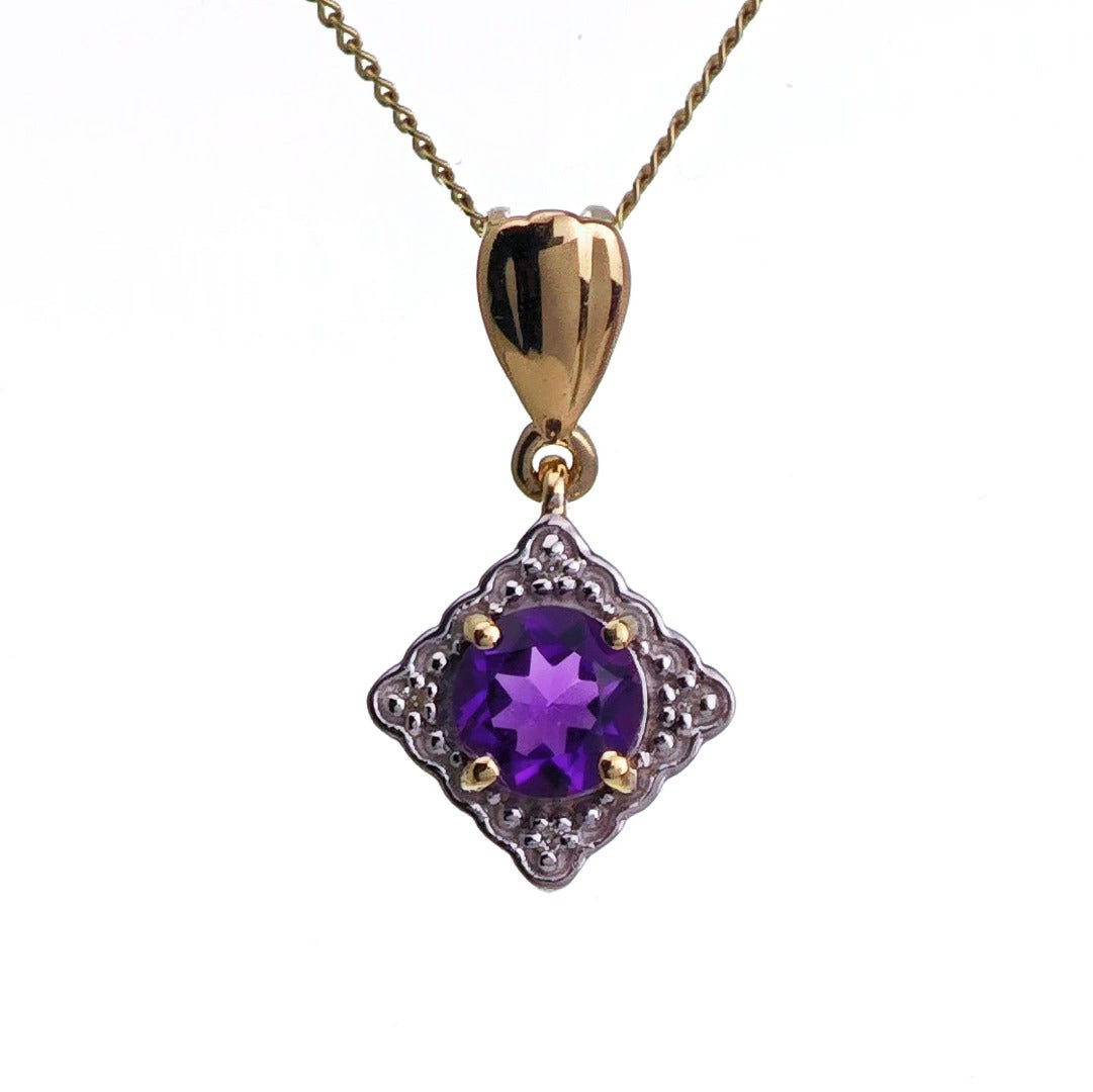 9ct Amethyst Necklace Yellow Gold 0.6ct Purple Round Natural Gemstone