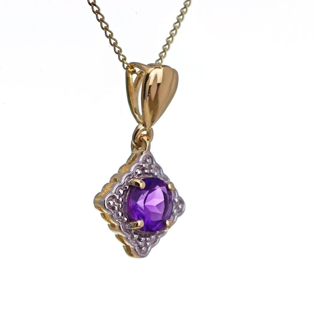 9ct Amethyst Necklace Yellow Gold 0.6ct Purple Round Natural Gemstone