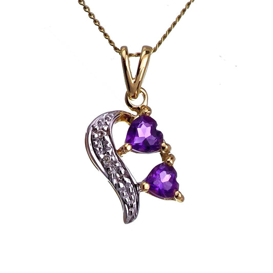 9ct Amethyst Hearts Necklace Yellow Gold 0.34ct Purple