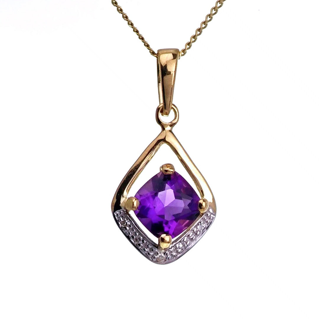 9ct Amethyst Diamond Necklace Yellow Gold 0.87ct Purple cushion Natural Gemstone