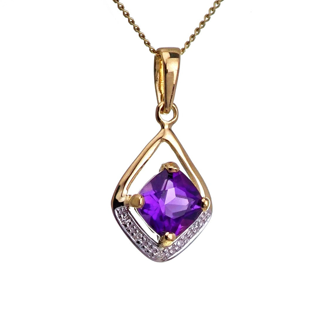 9ct Amethyst Diamond Necklace Yellow Gold 0.87ct Purple cushion Natural Gemstone