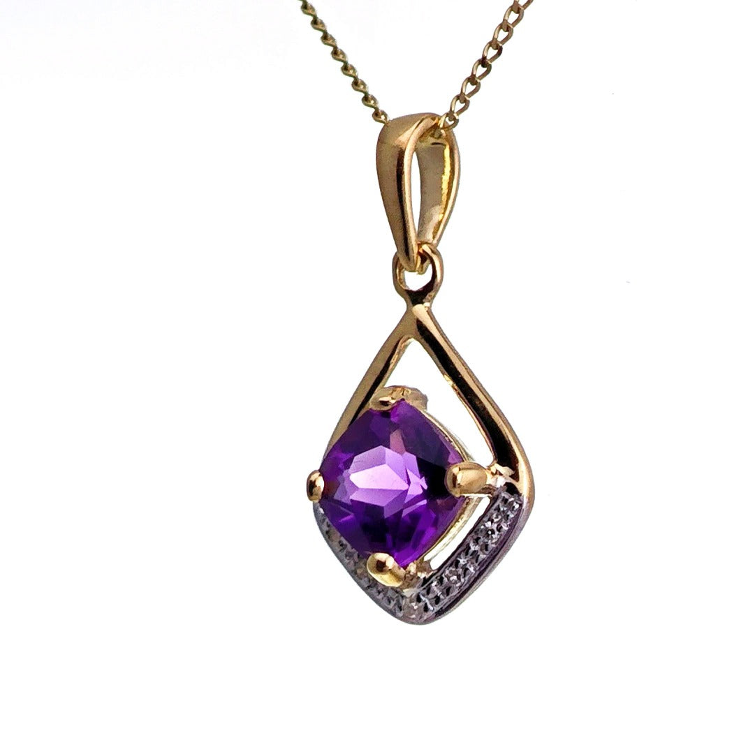 9ct Amethyst Diamond Necklace Yellow Gold 0.87ct Purple cushion Natural Gemstone