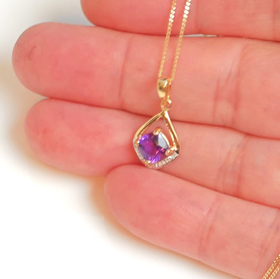 9ct Amethyst Diamond Necklace Yellow Gold 0.87ct Purple cushion Natural Gemstone