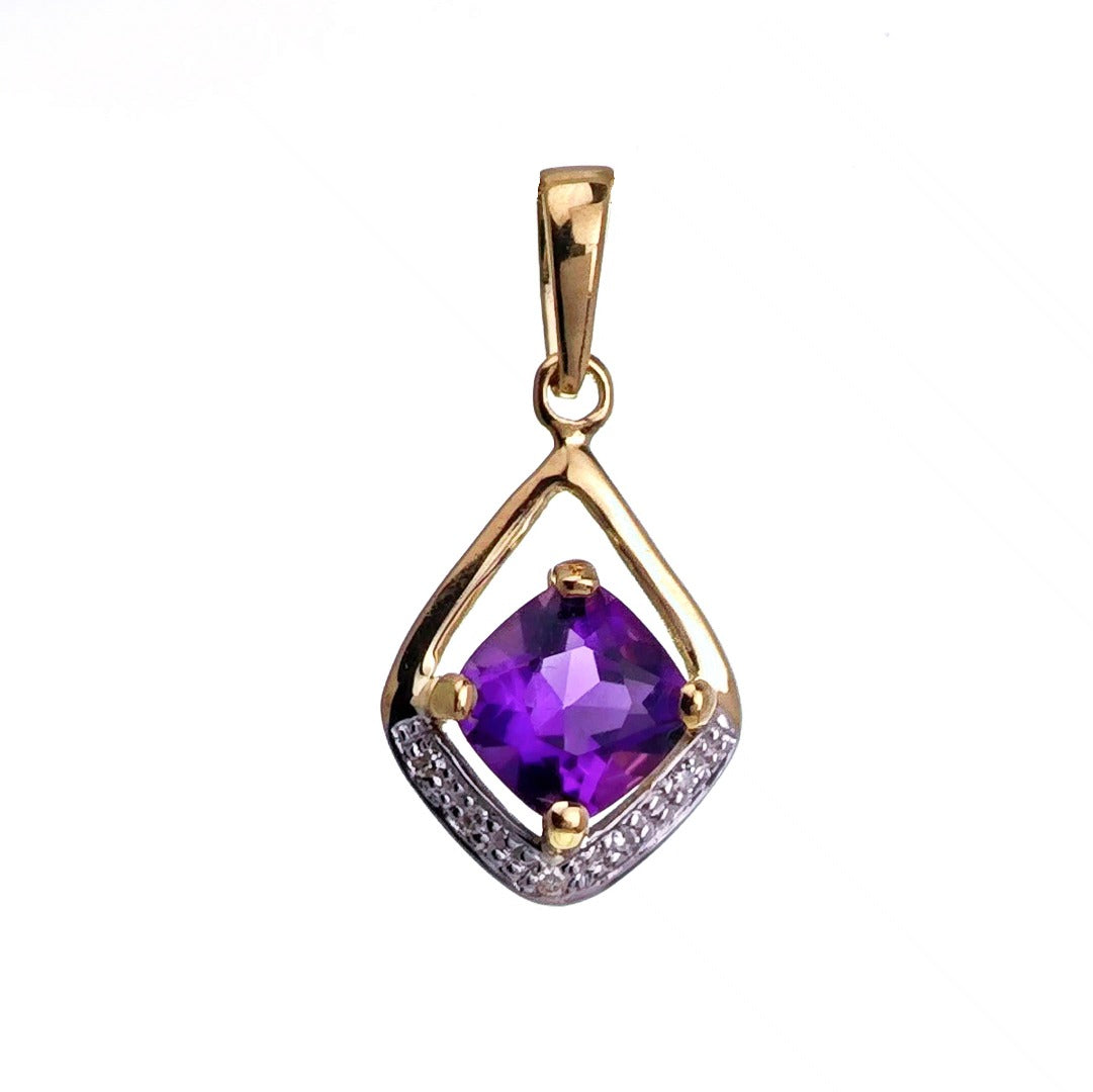 9ct Amethyst Diamond Necklace Yellow Gold 0.87ct Purple cushion Natural Gemstone