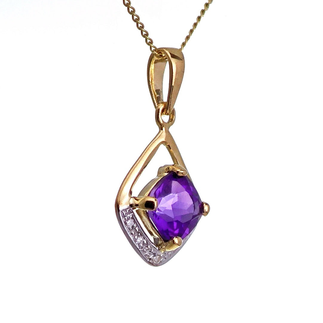 9ct Amethyst Diamond Necklace Yellow Gold 0.87ct Purple cushion Natural Gemstone