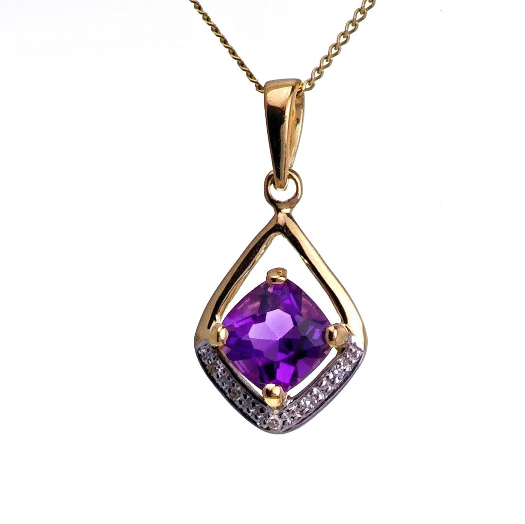 9ct Amethyst Diamond Necklace Yellow Gold 0.87ct Purple cushion Natural Gemstone