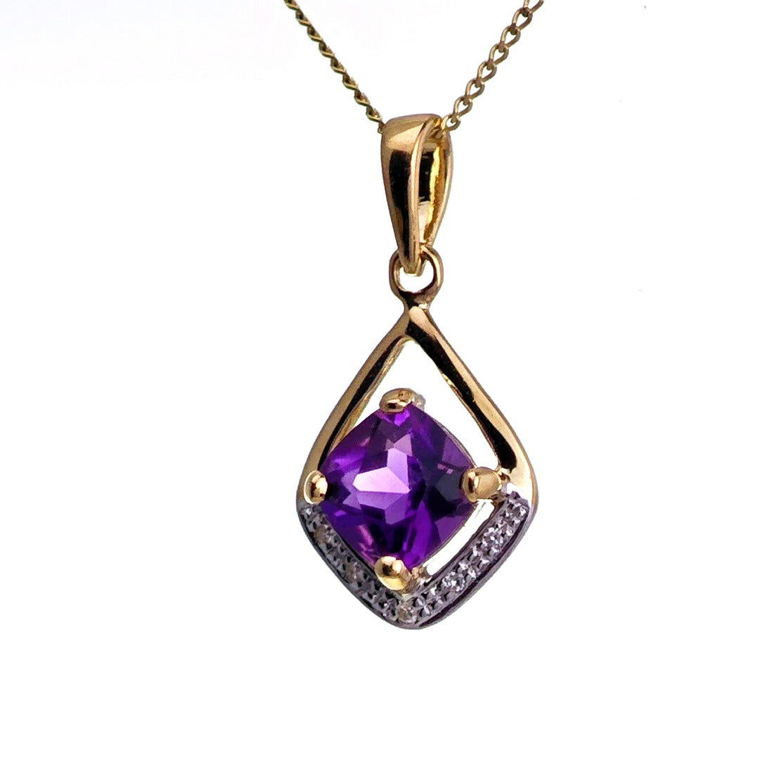 9ct Amethyst Diamond Necklace Yellow Gold 0.87ct Purple cushion Natural Gemstone