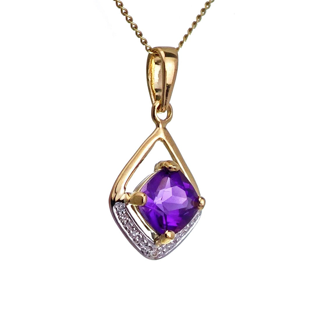 9ct Amethyst Diamond Necklace Yellow Gold 0.87ct Purple cushion Natural Gemstone