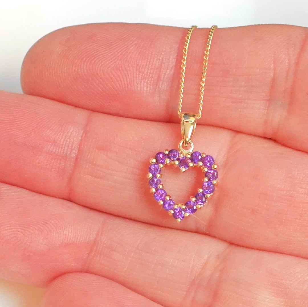 9ct Amethyst Heart Necklace Yellow Gold 0.52ct Purple Round Natural Gemstone