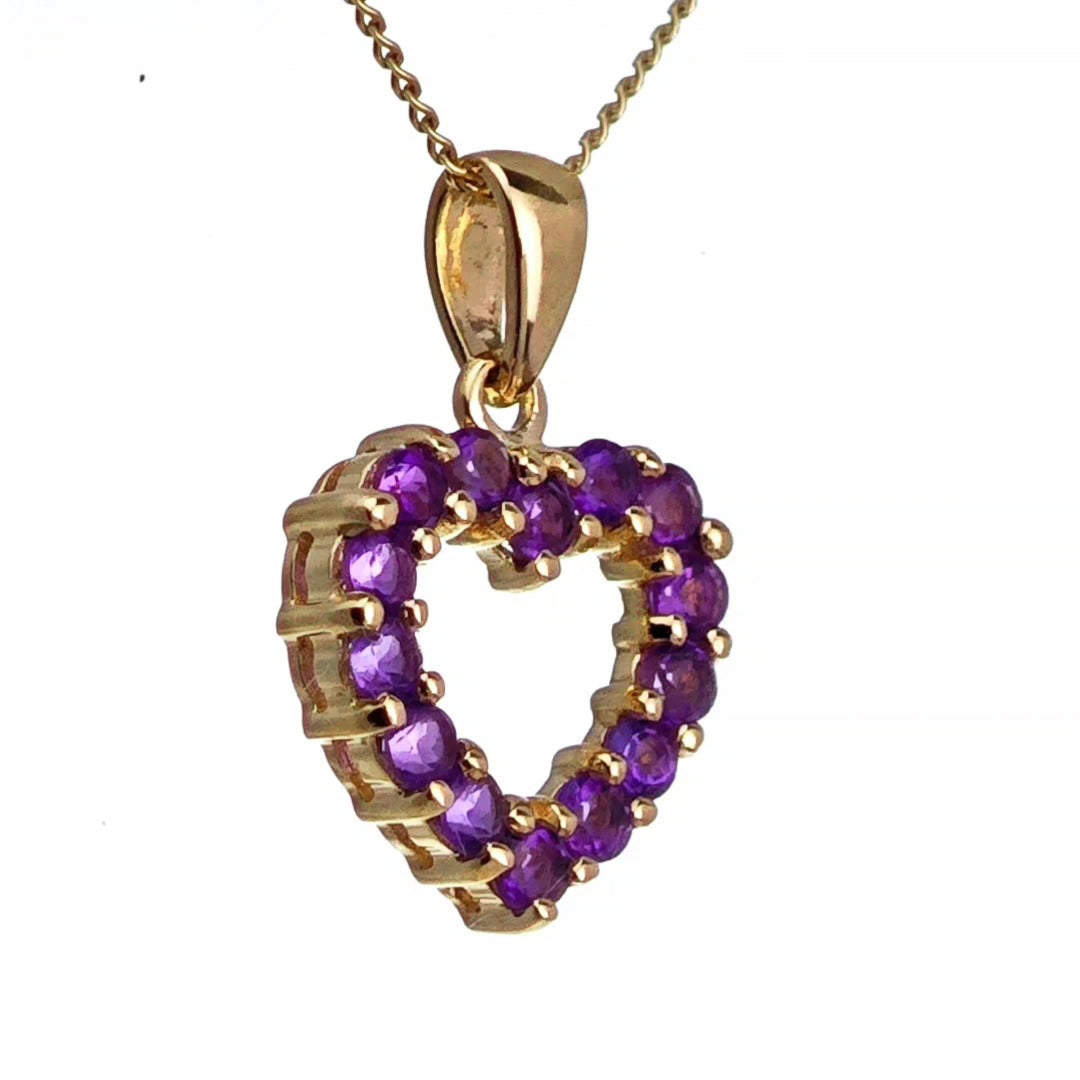 9ct Amethyst Heart Necklace Yellow Gold 0.52ct Purple Round Natural Gemstone