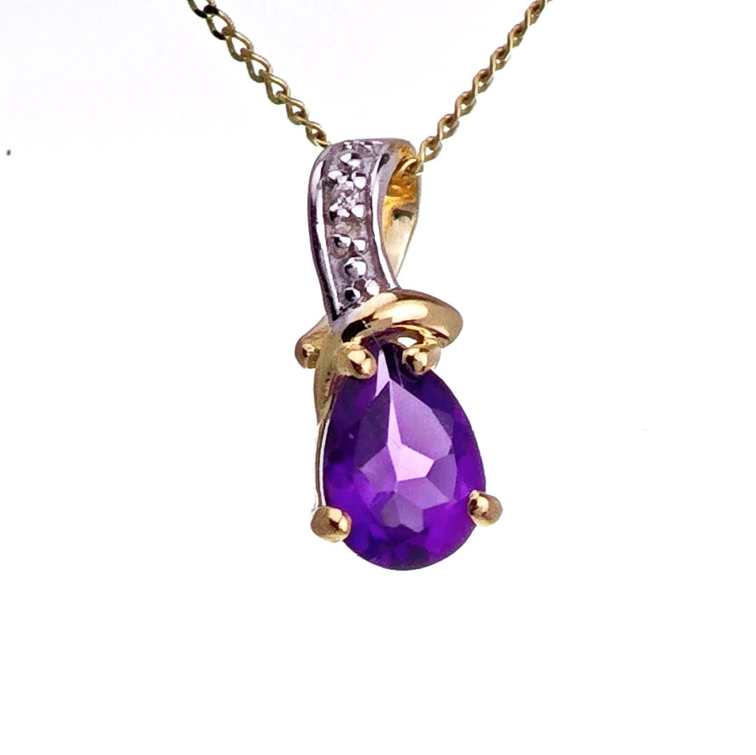 9ct Amethyst Necklace Yellow Gold 0.63ct Purple Pear Natural Gemstone