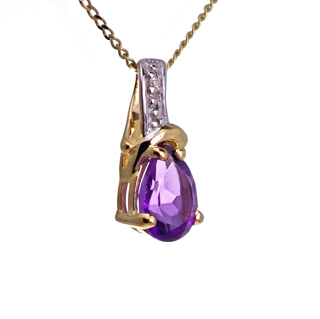 9ct Amethyst Necklace Yellow Gold 0.63ct Purple Pear Natural Gemstone