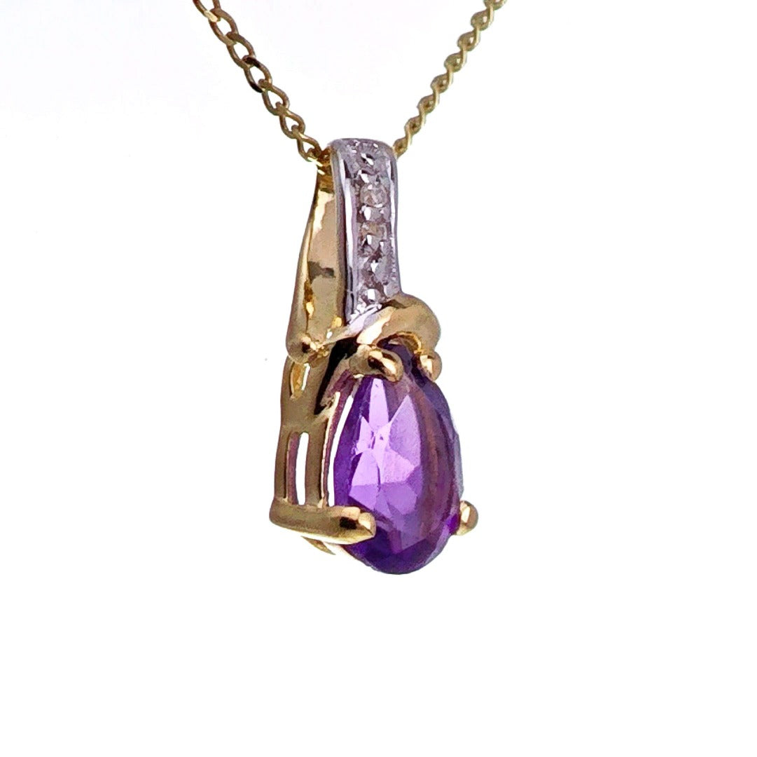 9ct Amethyst Necklace Yellow Gold 0.63ct Purple Pear Natural Gemstone