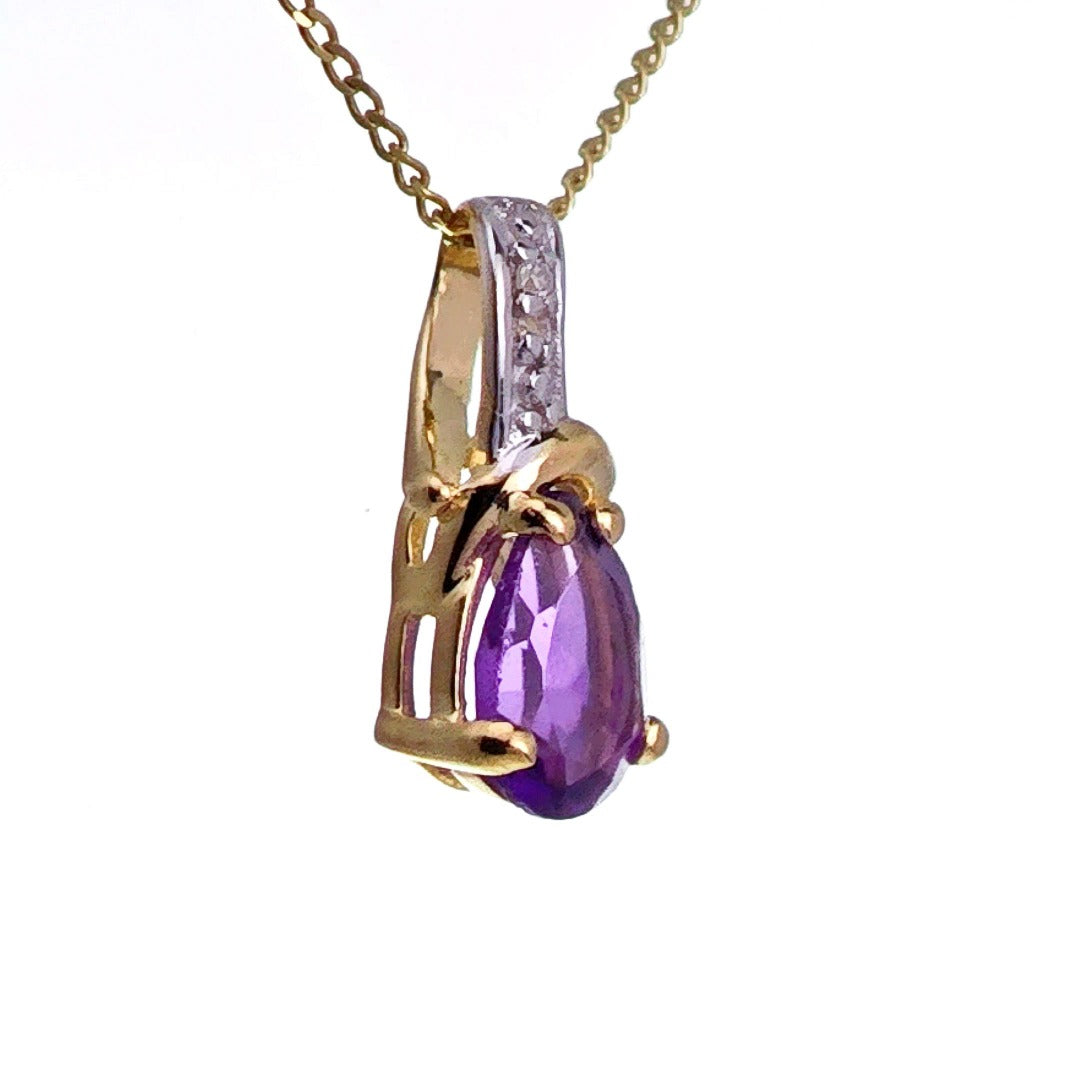 9ct Amethyst Necklace Yellow Gold 0.63ct Purple Pear Natural Gemstone