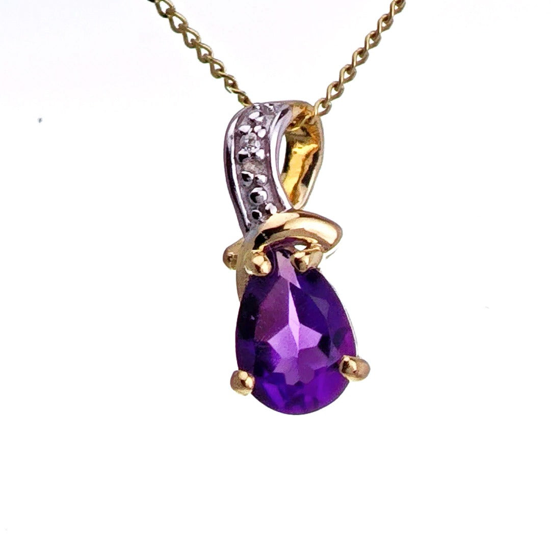 9ct Amethyst Necklace Yellow Gold 0.63ct Purple Pear Natural Gemstone