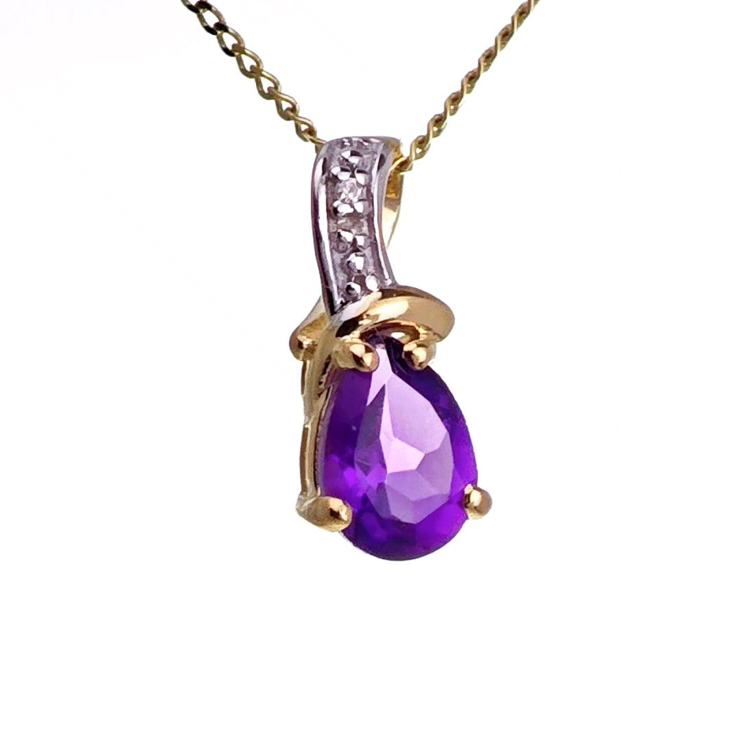 9ct Amethyst Necklace Yellow Gold 0.63ct Purple Pear Natural Gemstone