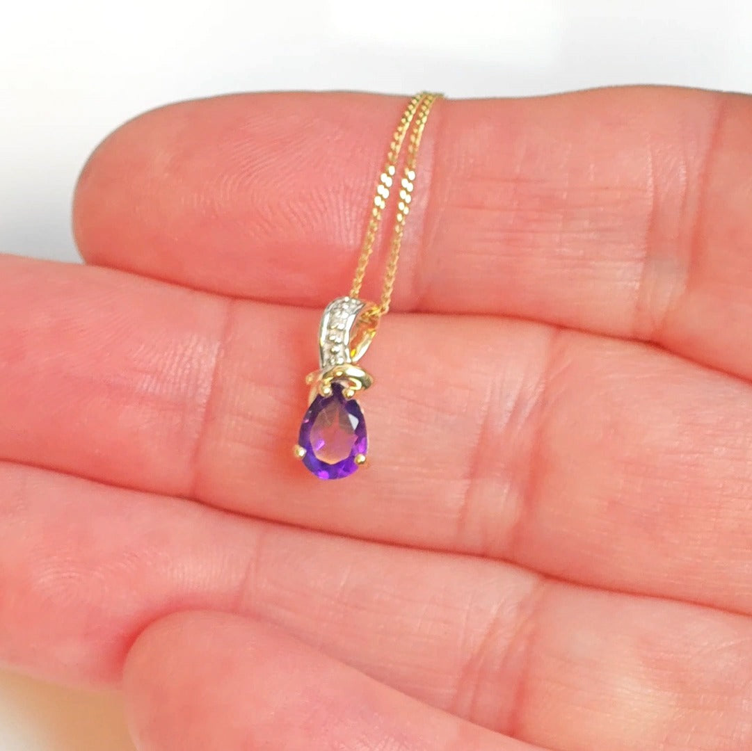 9ct Amethyst Necklace Yellow Gold 0.63ct Purple Pear Natural Gemstone