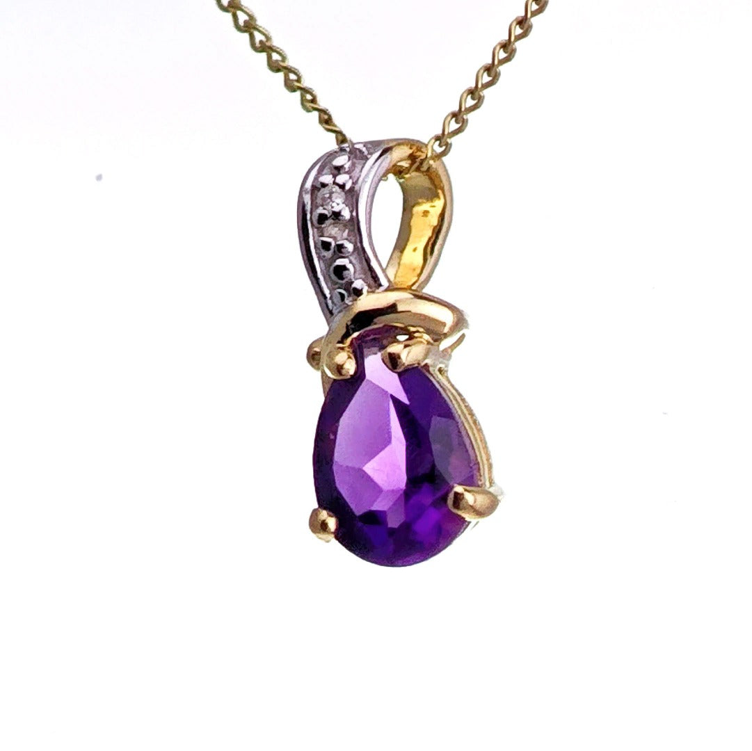 9ct Amethyst Necklace Yellow Gold 0.63ct Purple Pear Natural Gemstone