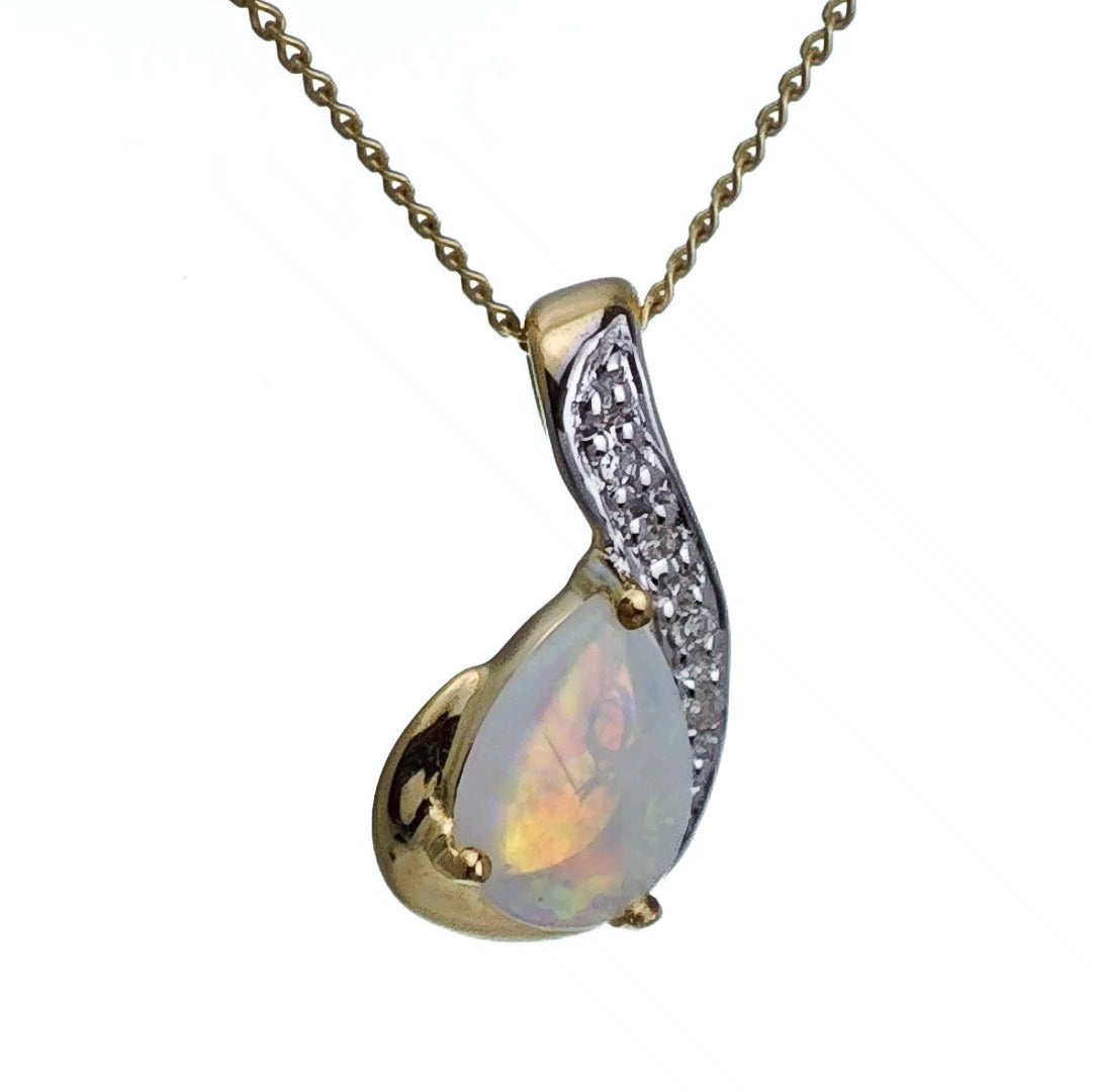 9ct Opal Necklace Yellow Gold 0.32ct White Pear Natural Gemstone