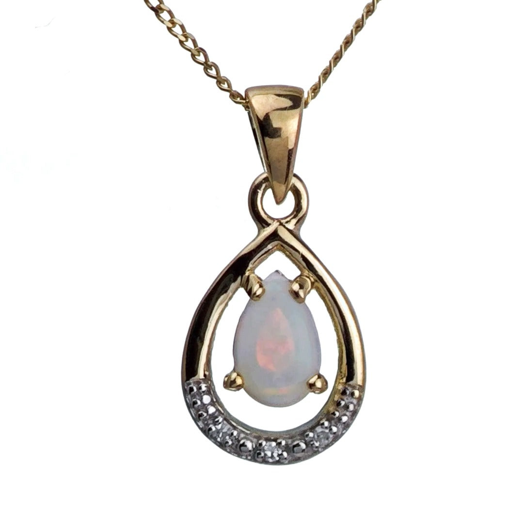 9ct Opal Diamond Necklace Yellow Gold 0.22ct White Pear Natural Gemstone