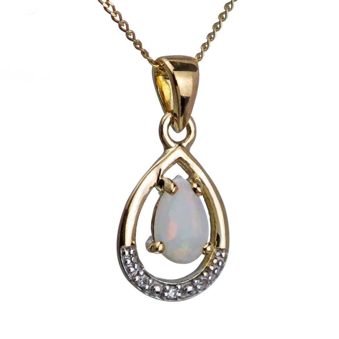 9ct Opal Diamond Necklace Yellow Gold 0.22ct White Pear Natural Gemstone