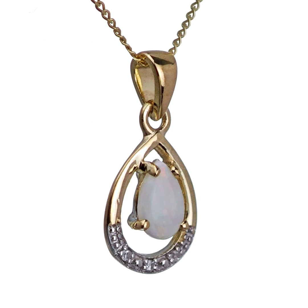 9ct Opal Diamond Necklace Yellow Gold 0.22ct White Pear Natural Gemstone