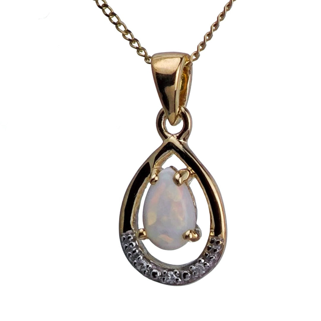 9ct Opal Diamond Necklace Yellow Gold 0.22ct White Pear Natural Gemstone