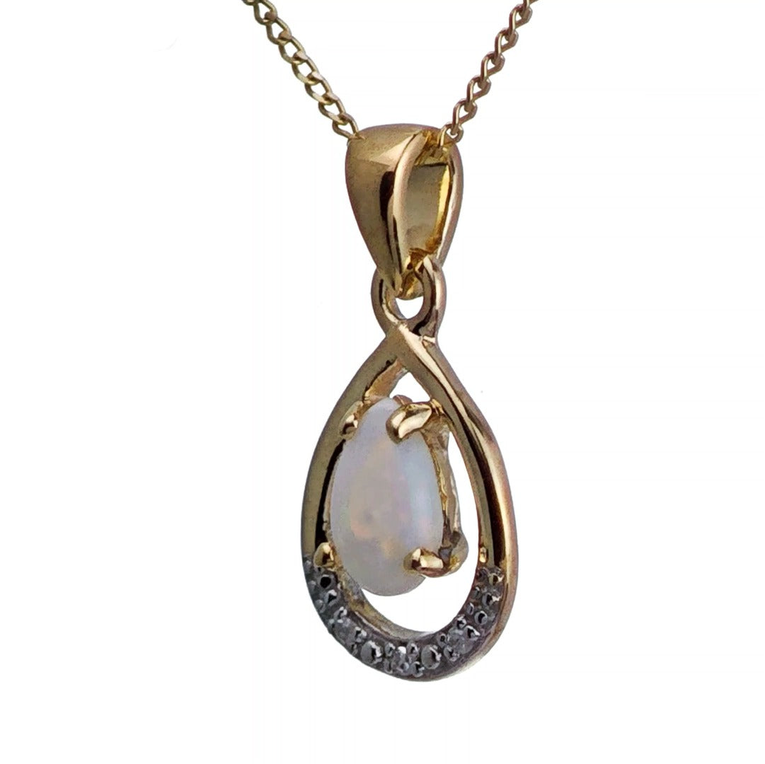 9ct Opal Diamond Necklace Yellow Gold 0.22ct White Pear Natural Gemstone