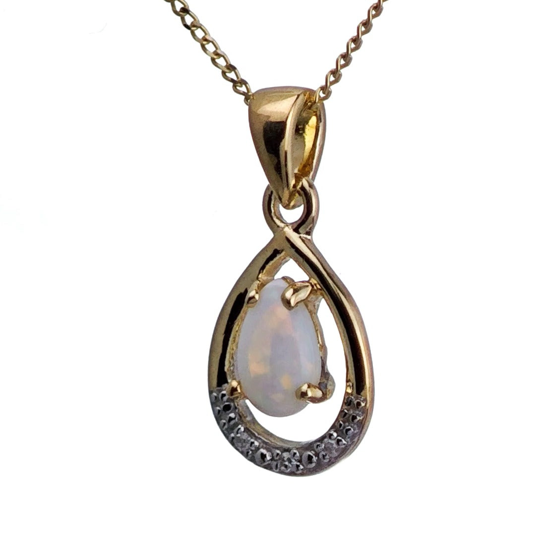 9ct Opal Diamond Necklace Yellow Gold 0.22ct White Pear Natural Gemstone