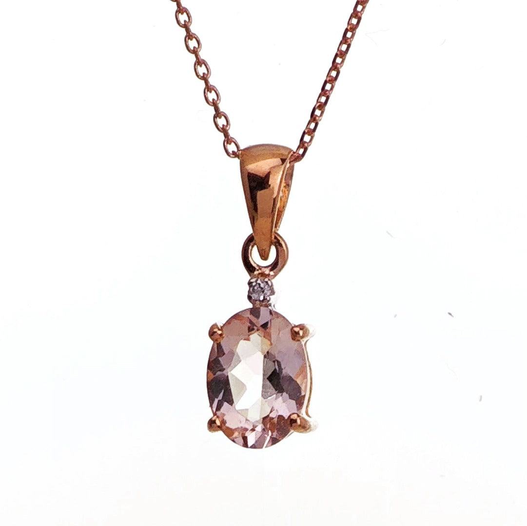 9ct Morganite Diamond Necklace Rose Gold Pink  0.68 ct Natural Gemstone