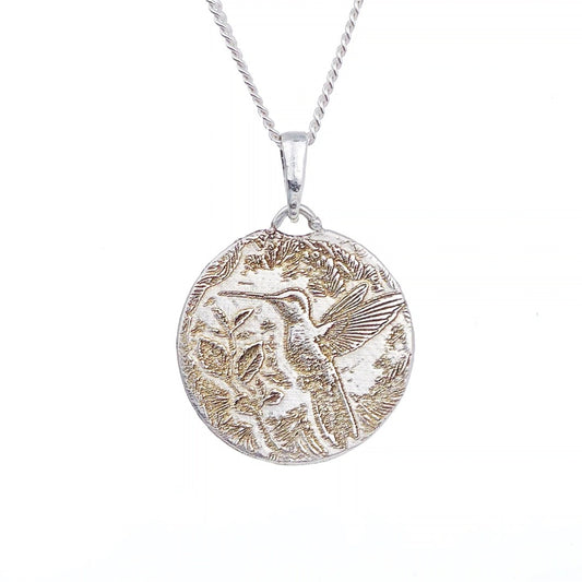 Silver engraved hummingbird pendant necklace