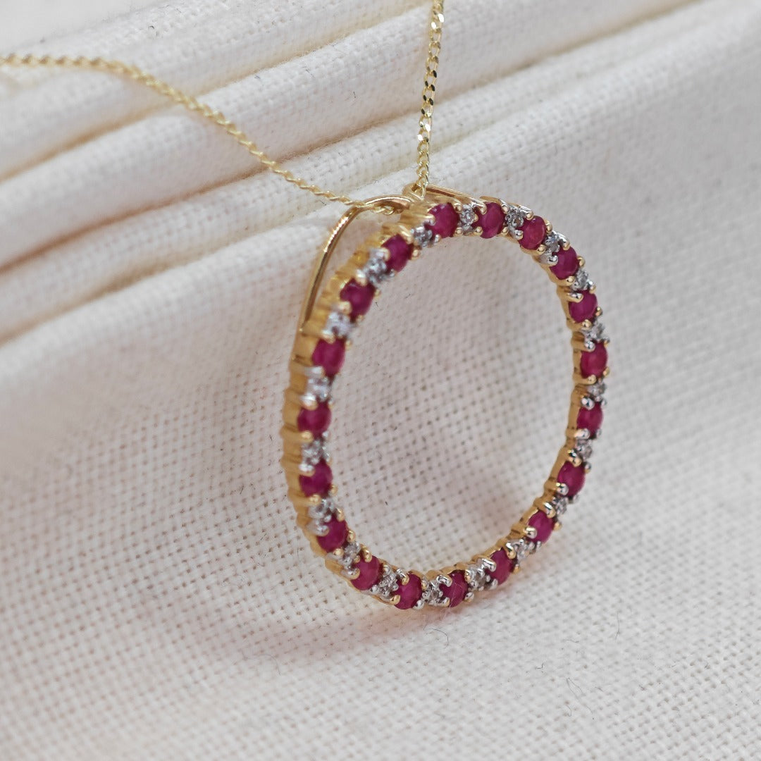 9ct Gold Ruby Diamond Necklace Circle Natural Gemstone