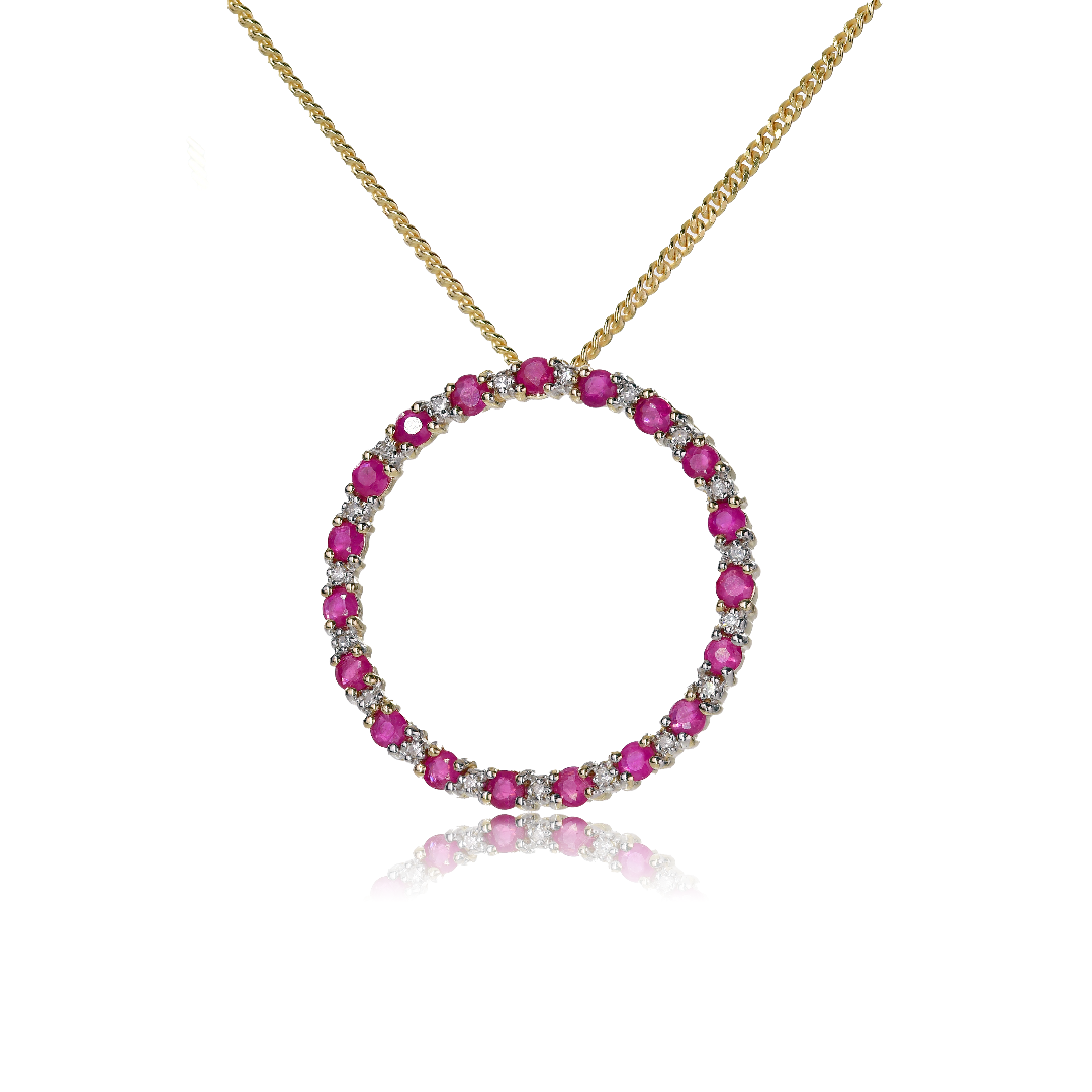 9ct Gold Ruby Diamond Necklace Circle Natural Gemstone