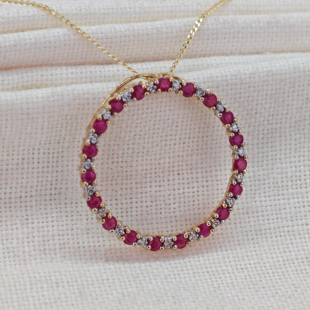 9ct Gold Ruby Diamond Necklace Circle Natural Gemstone